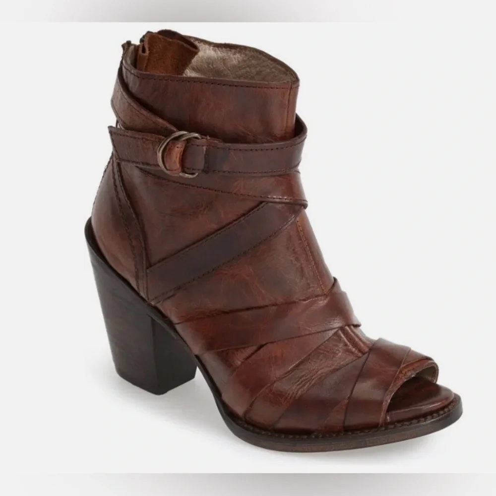 Freebird by Steven Joker Cognac Brown Leather Booties Open Toe Women’s Size 8